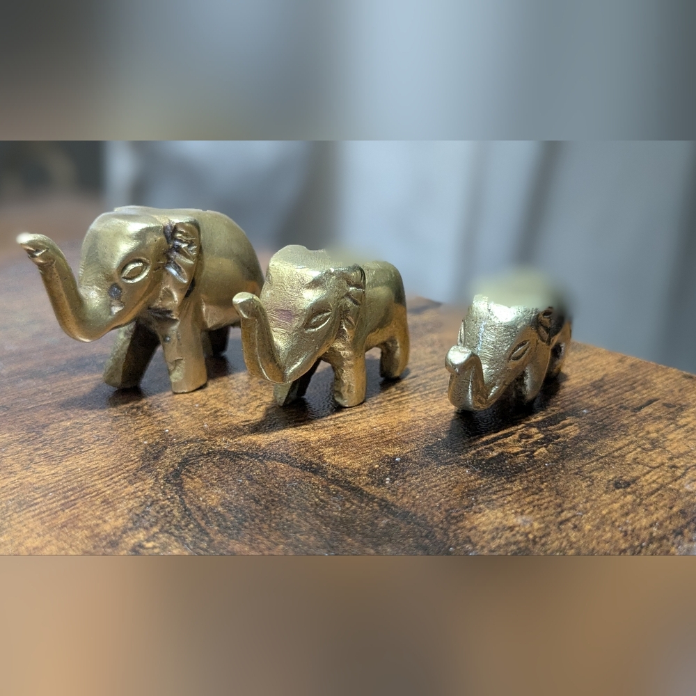 Solid Brass Elephant Mini Figurines Trunk Up Good Luck Vintage Set of 3